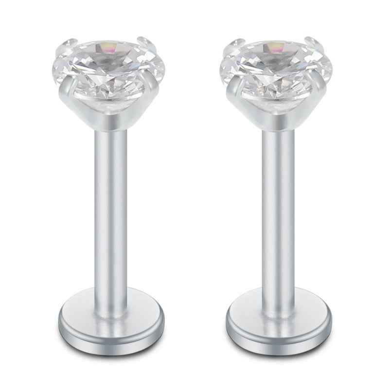 SCERRING 3PRS(6pcs) 16G 2-4mm Clear CZ Internally Threaded Labret Monroe Lip Ring Tragus Nail Helix Earring Stud Piercing Jewelry Bar Length 6mm - Silver - Image 5